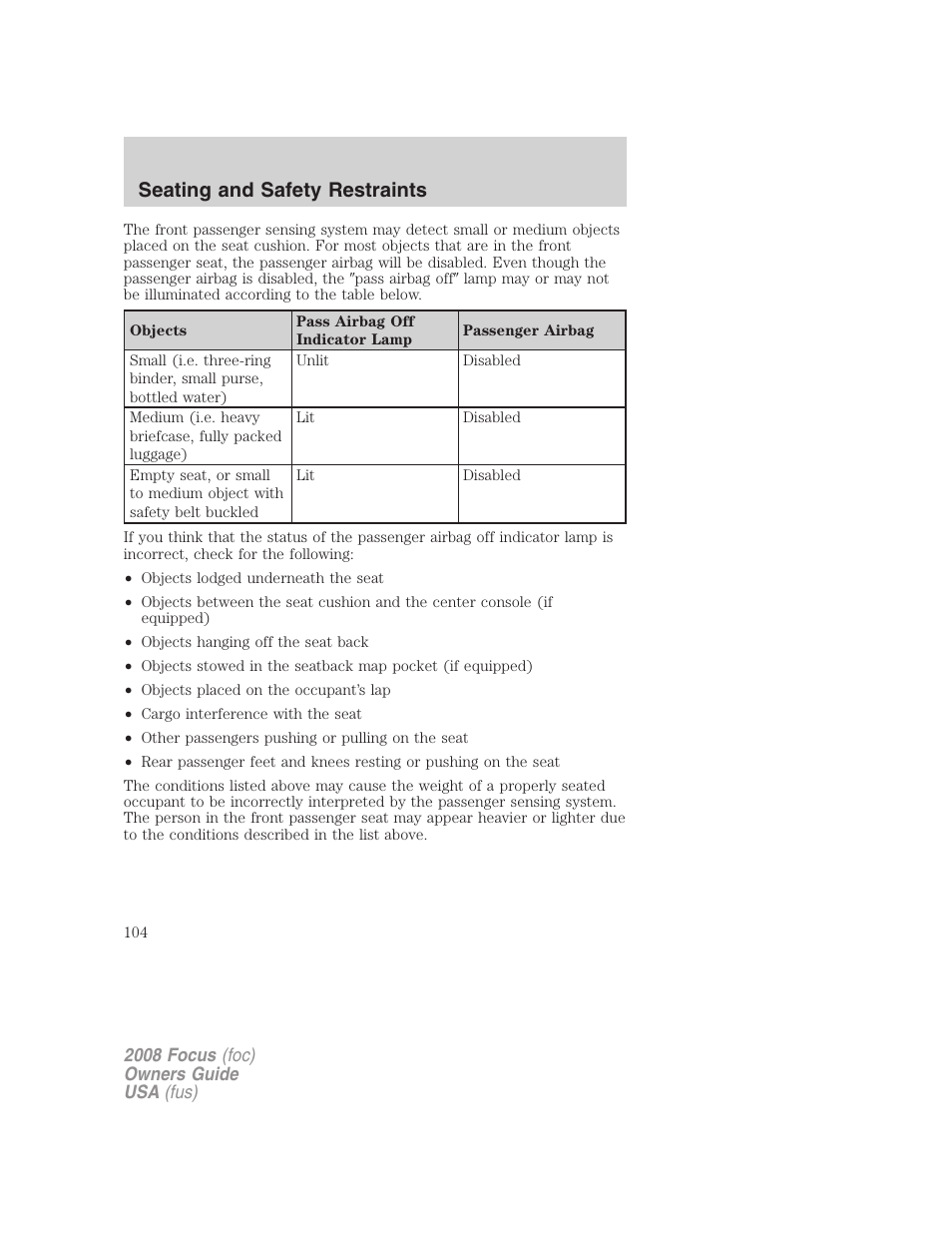 Seating and safety restraints | FORD 2008 Focus v.3 User Manual | Page 104 / 258