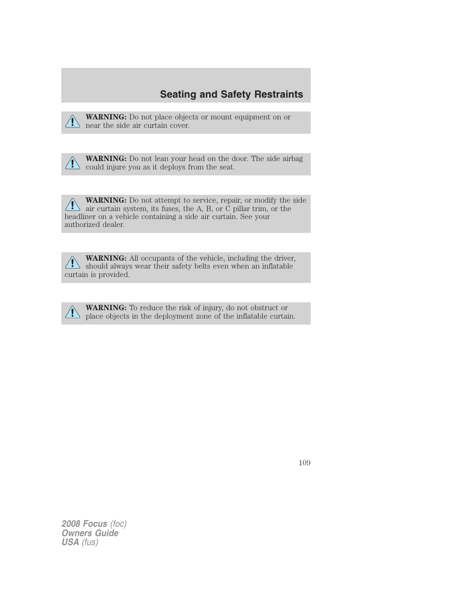 Seating and safety restraints | FORD 2008 Focus v.3 User Manual | Page 109 / 258