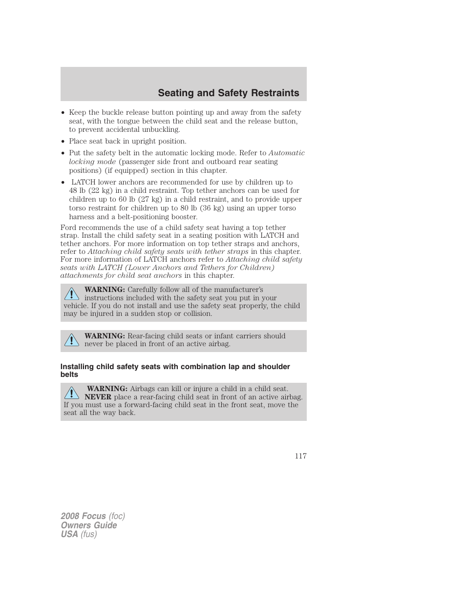 Seating and safety restraints | FORD 2008 Focus v.3 User Manual | Page 117 / 258