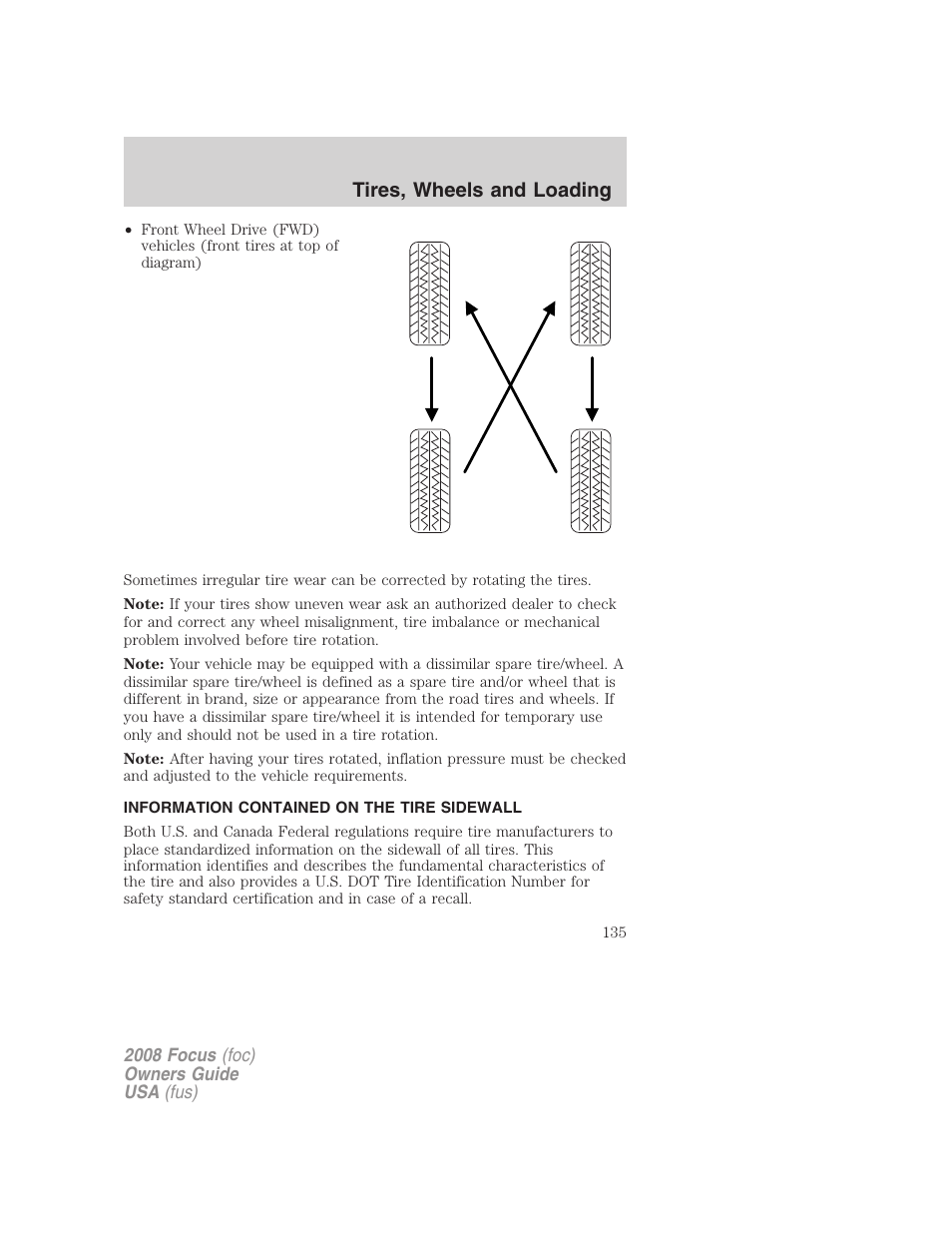 Information contained on the tire sidewall, Tires, wheels and loading | FORD 2008 Focus v.3 User Manual | Page 135 / 258