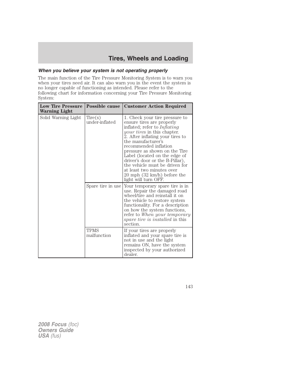 Tires, wheels and loading | FORD 2008 Focus v.3 User Manual | Page 143 / 258