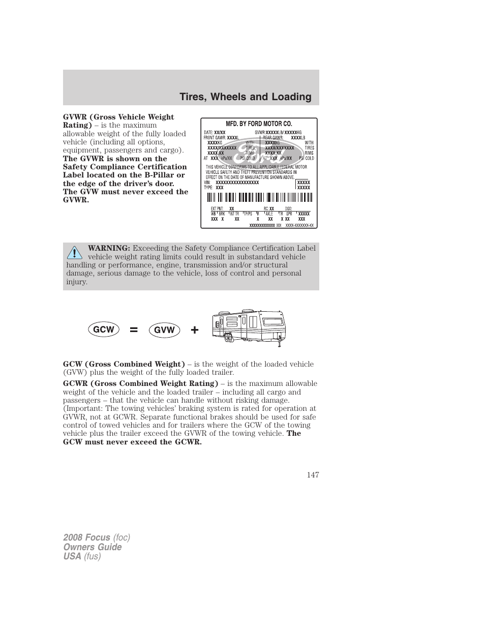 Tires, wheels and loading | FORD 2008 Focus v.3 User Manual | Page 147 / 258