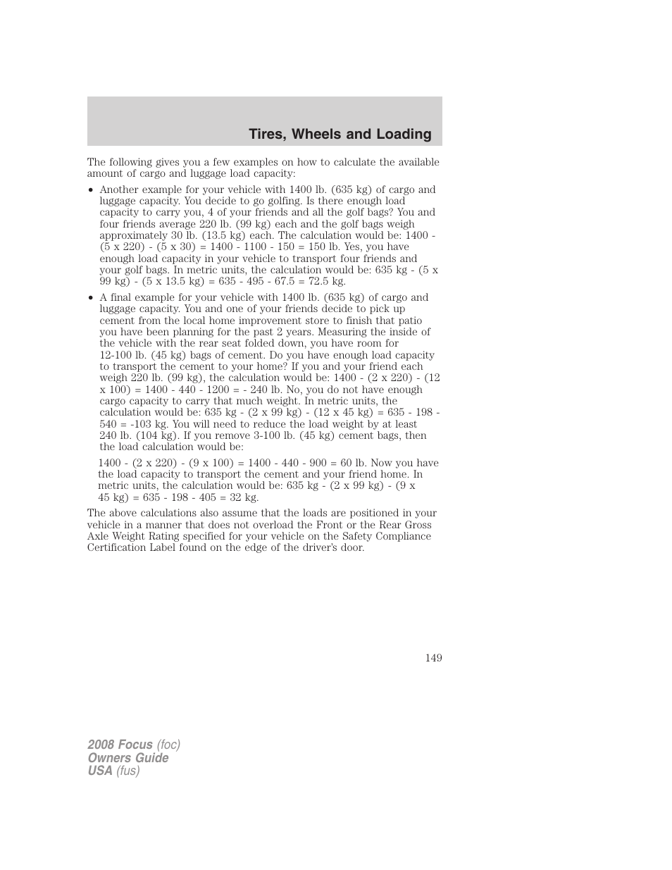 Tires, wheels and loading | FORD 2008 Focus v.3 User Manual | Page 149 / 258