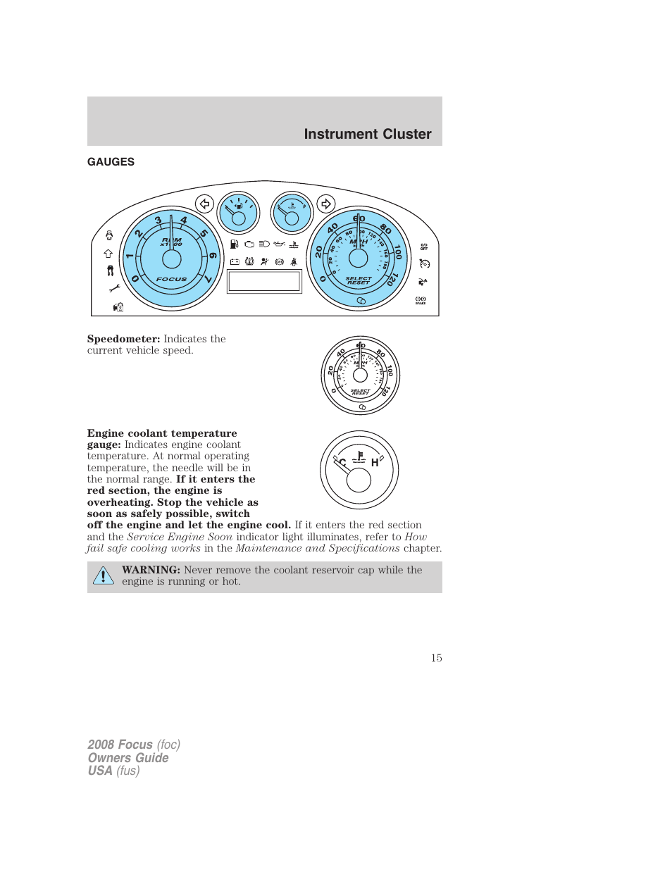 Gauges, Instrument cluster | FORD 2008 Focus v.3 User Manual | Page 15 / 258