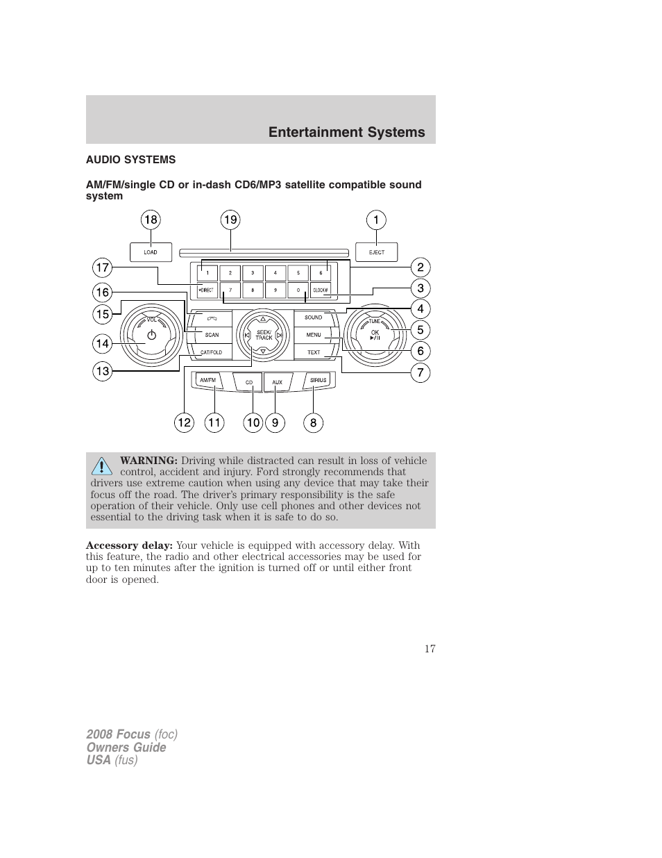 Entertainment systems, Audio systems, Am/fm stereo with cd/mp3 | FORD 2008 Focus v.3 User Manual | Page 17 / 258