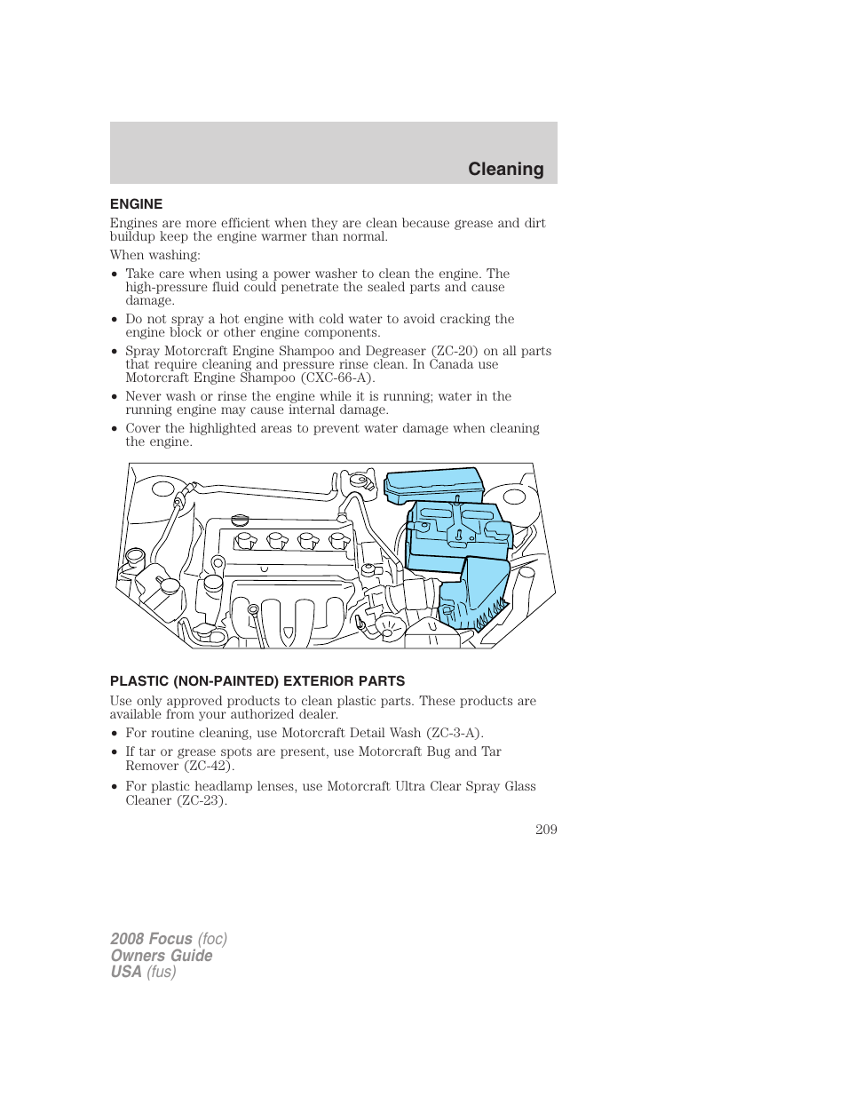 Engine, Plastic (non-painted) exterior parts, Cleaning | FORD 2008 Focus v.3 User Manual | Page 209 / 258