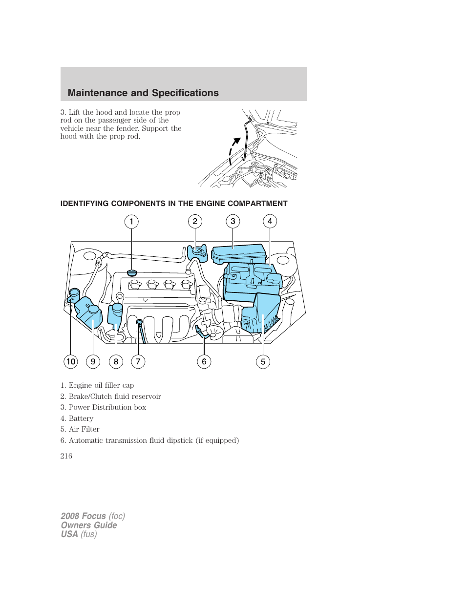 Identifying components in the engine compartment, Engine compartment, Maintenance and specifications | FORD 2008 Focus v.3 User Manual | Page 216 / 258