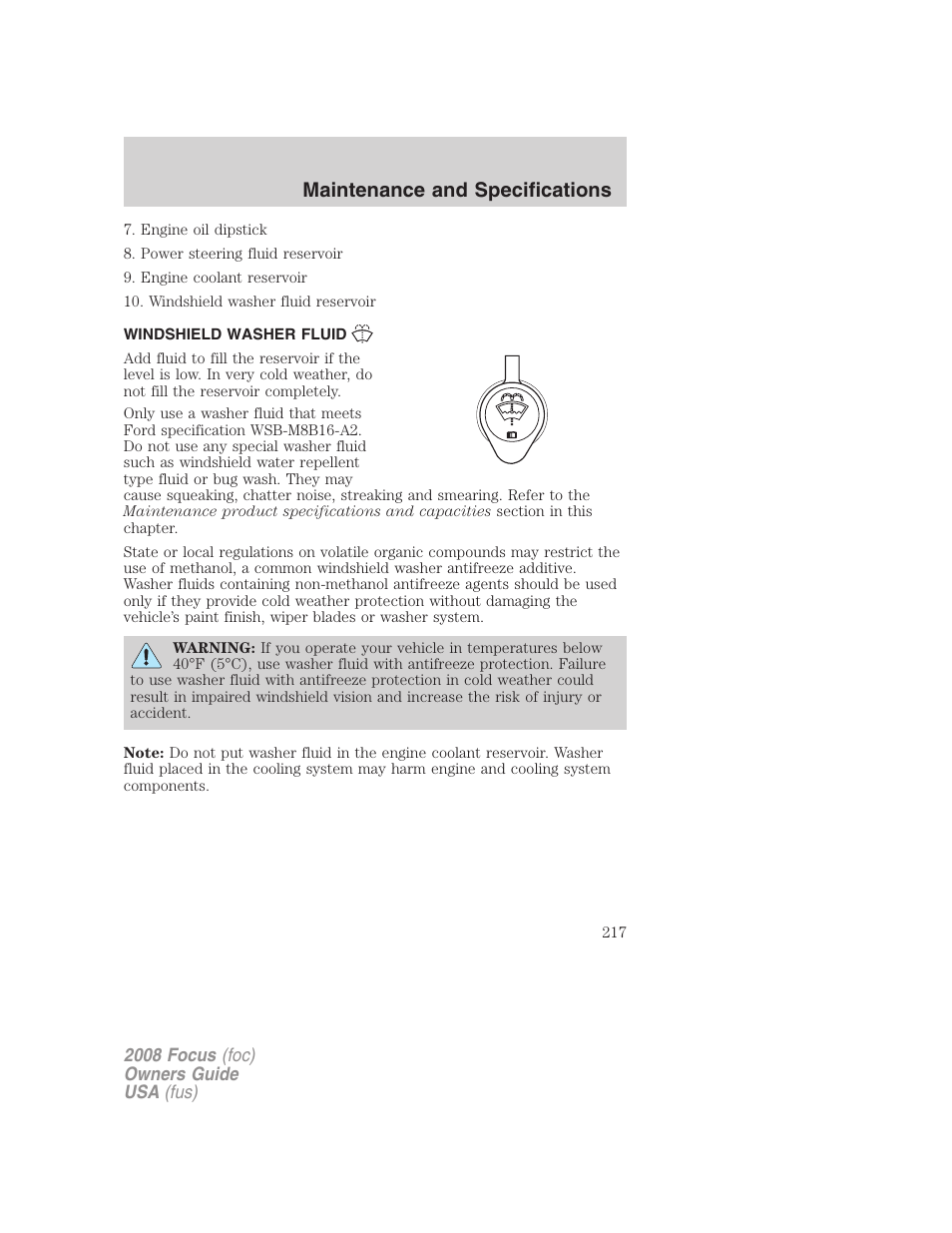 Windshield washer fluid, Maintenance and specifications | FORD 2008 Focus v.3 User Manual | Page 217 / 258