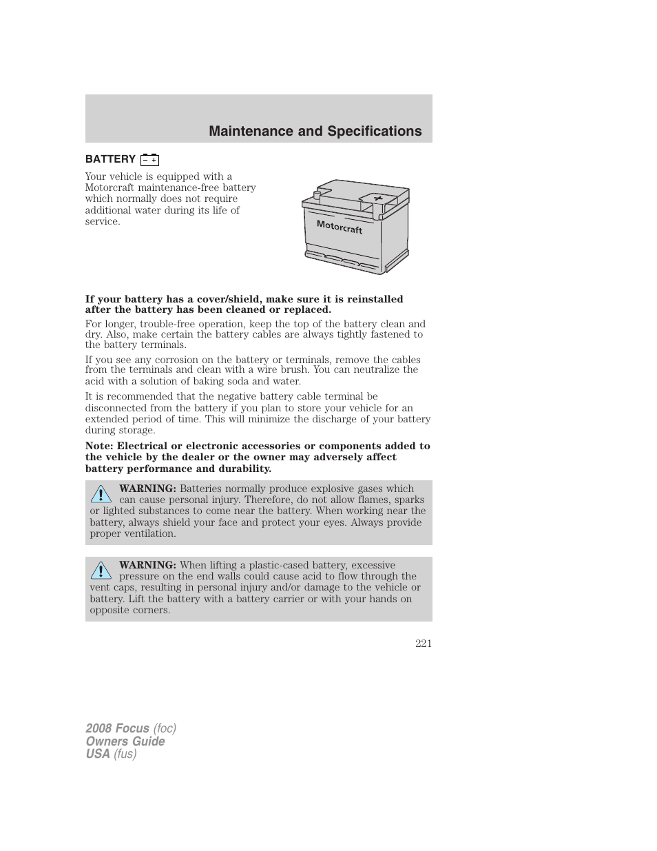 Battery, Maintenance and specifications | FORD 2008 Focus v.3 User Manual | Page 221 / 258