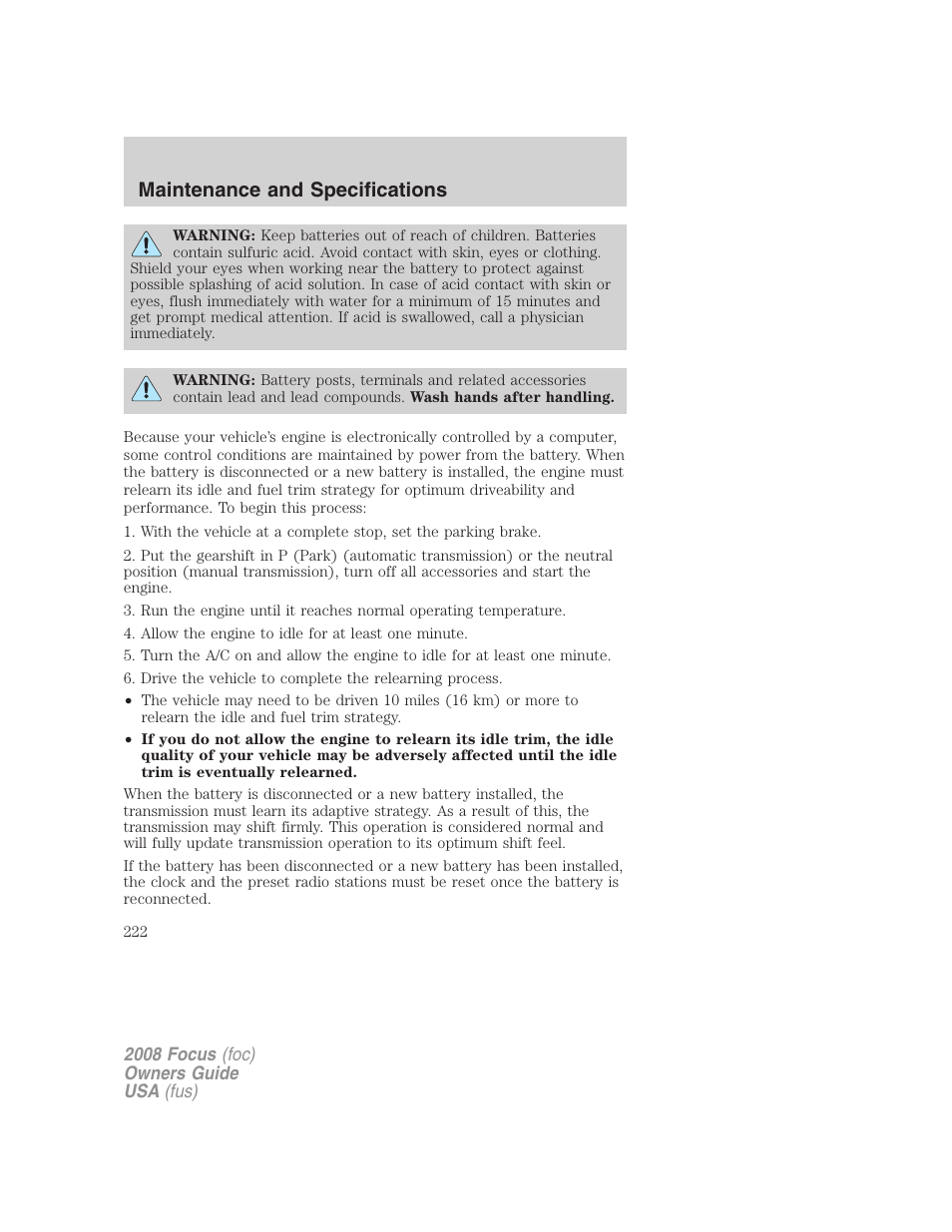 Maintenance and specifications | FORD 2008 Focus v.3 User Manual | Page 222 / 258