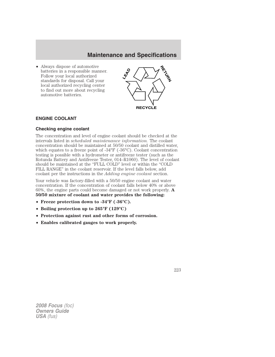 Engine coolant, Checking engine coolant, Maintenance and specifications | FORD 2008 Focus v.3 User Manual | Page 223 / 258