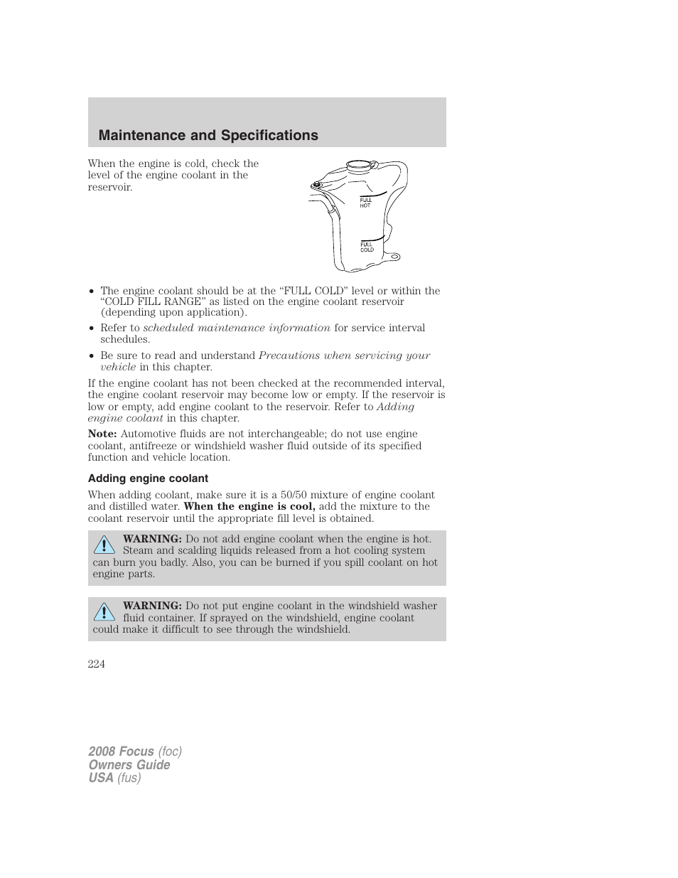 Adding engine coolant, Maintenance and specifications | FORD 2008 Focus v.3 User Manual | Page 224 / 258