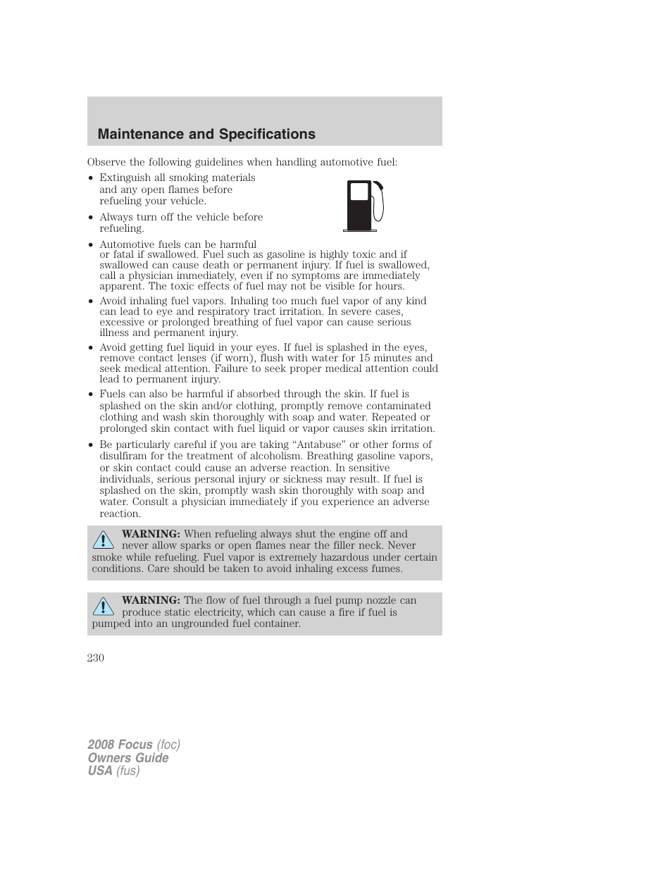 Maintenance and specifications | FORD 2008 Focus v.3 User Manual | Page 230 / 258