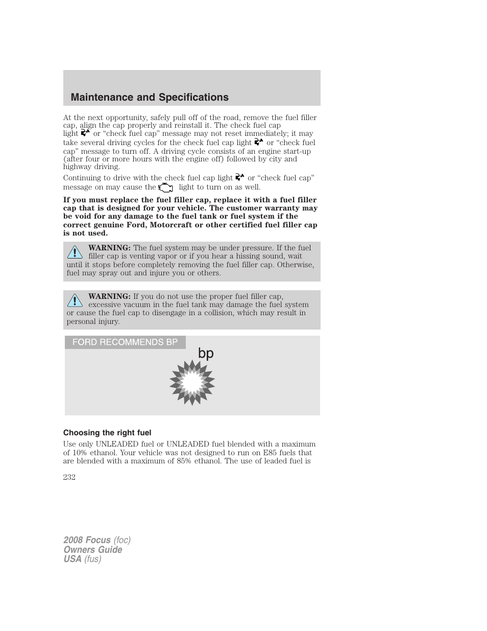 Choosing the right fuel, Maintenance and specifications | FORD 2008 Focus v.3 User Manual | Page 232 / 258