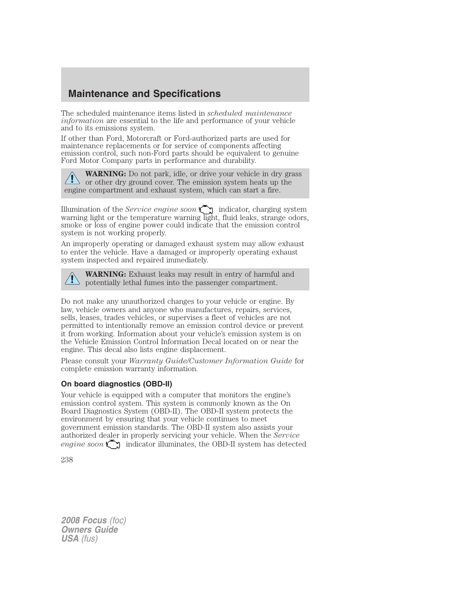 On board diagnostics (obd-ii), Maintenance and specifications | FORD 2008 Focus v.3 User Manual | Page 238 / 258