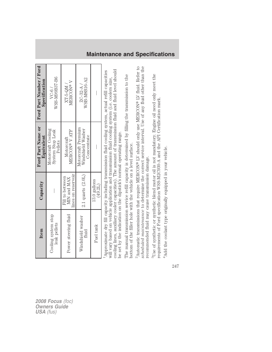 Maintenance and specifications | FORD 2008 Focus v.3 User Manual | Page 247 / 258