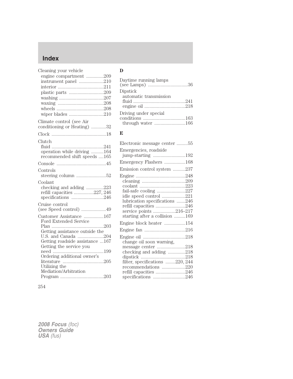 Index | FORD 2008 Focus v.3 User Manual | Page 254 / 258