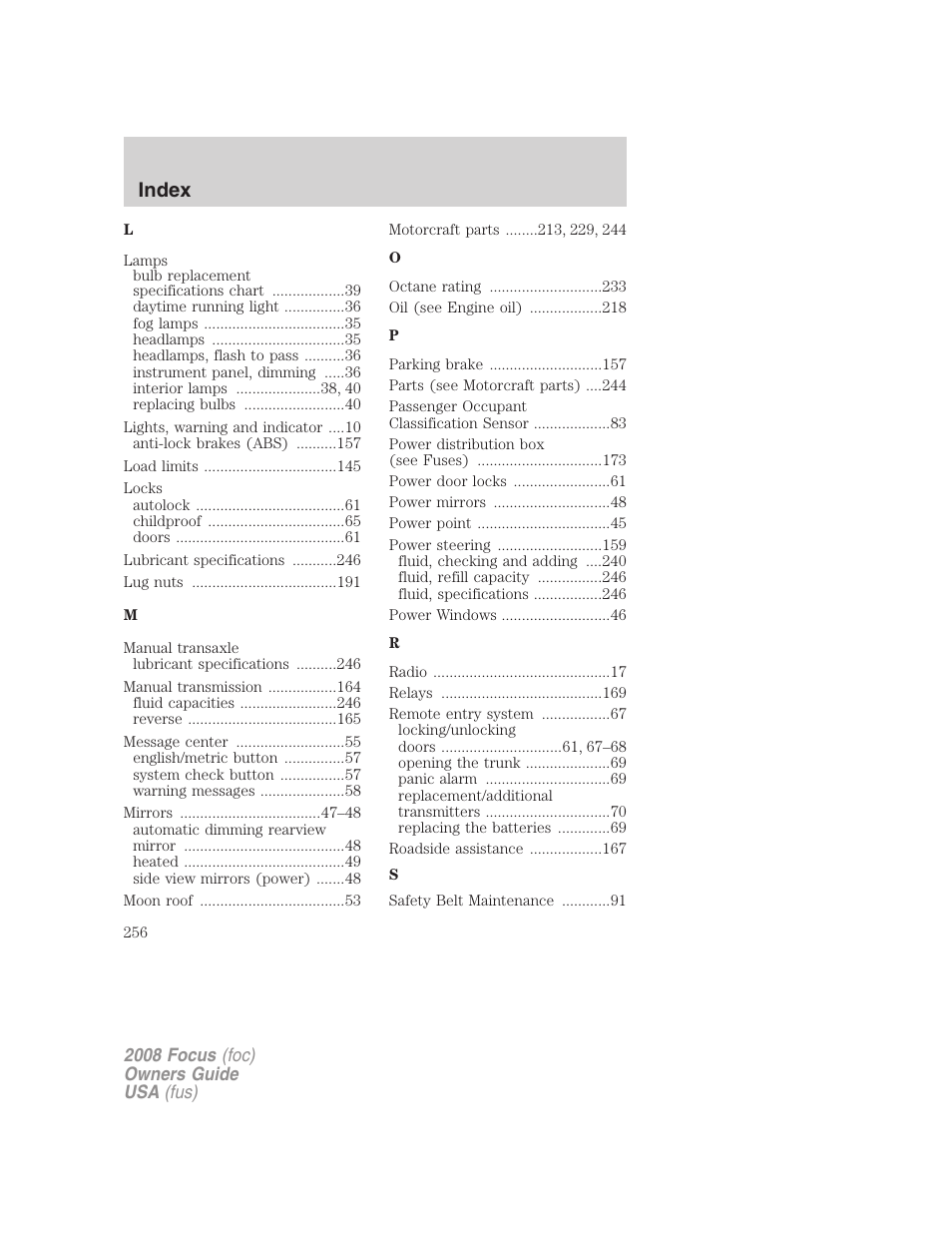 Index | FORD 2008 Focus v.3 User Manual | Page 256 / 258