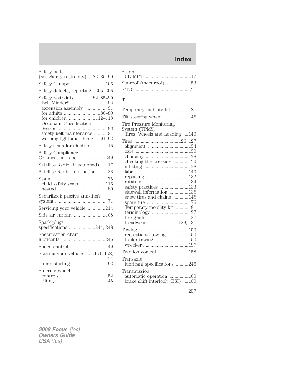 Index | FORD 2008 Focus v.3 User Manual | Page 257 / 258