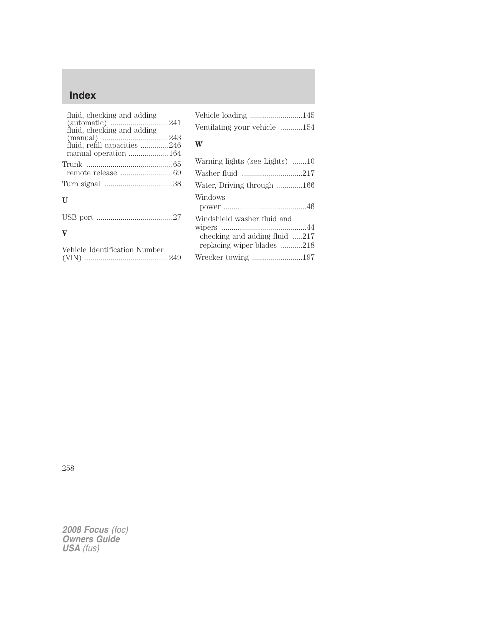 Index | FORD 2008 Focus v.3 User Manual | Page 258 / 258