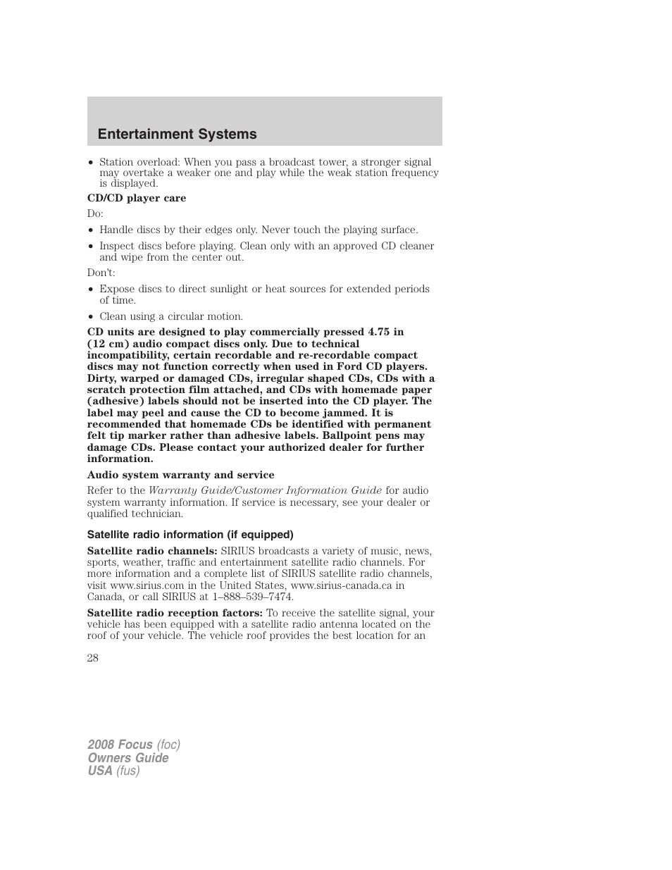 Satellite radio information (if equipped), Satellite radio information, Entertainment systems | FORD 2008 Focus v.3 User Manual | Page 28 / 258