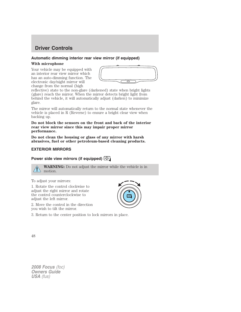 Exterior mirrors, Power side view mirrors (if equipped), Driver controls | FORD 2008 Focus v.3 User Manual | Page 48 / 258