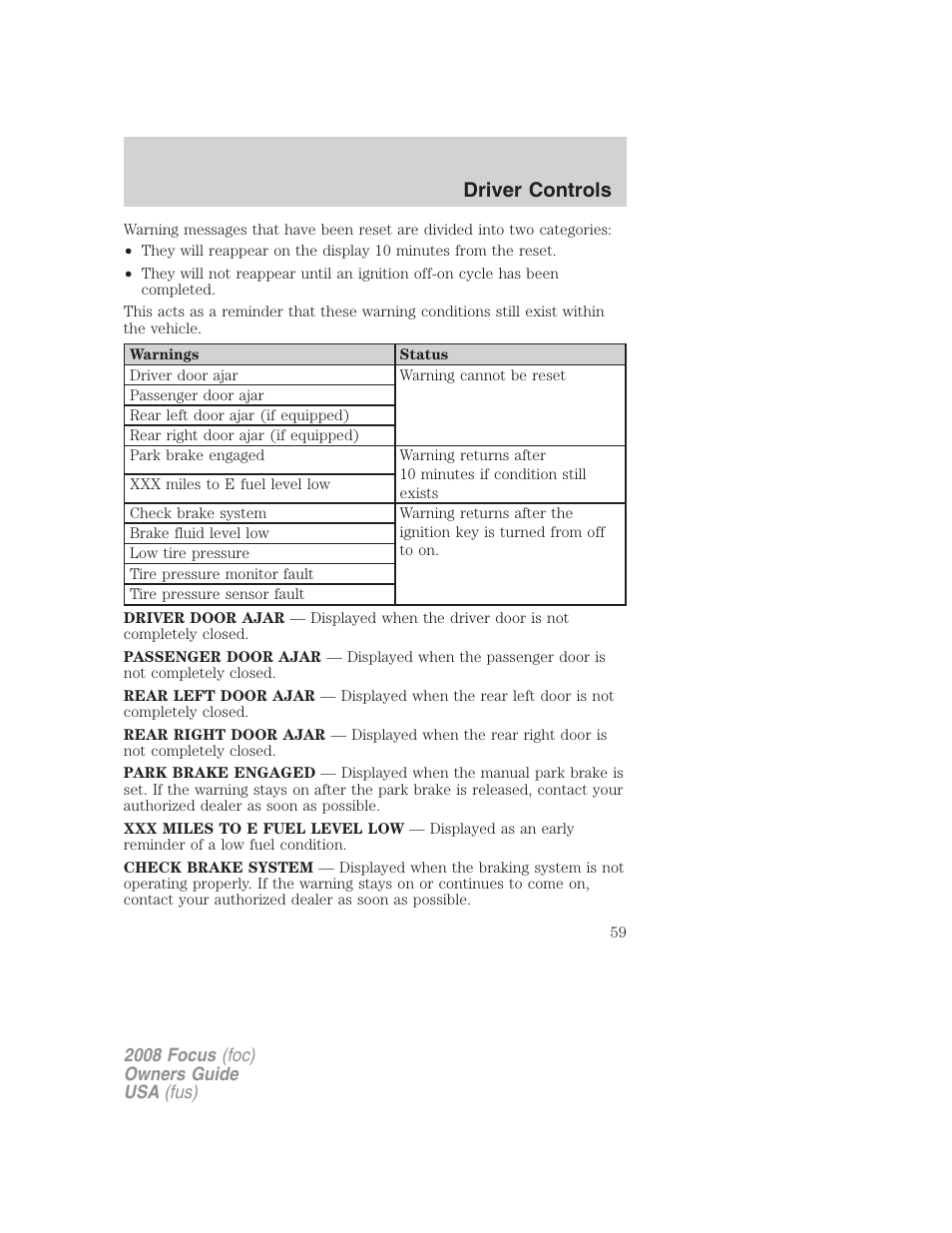 Driver controls | FORD 2008 Focus v.3 User Manual | Page 59 / 258