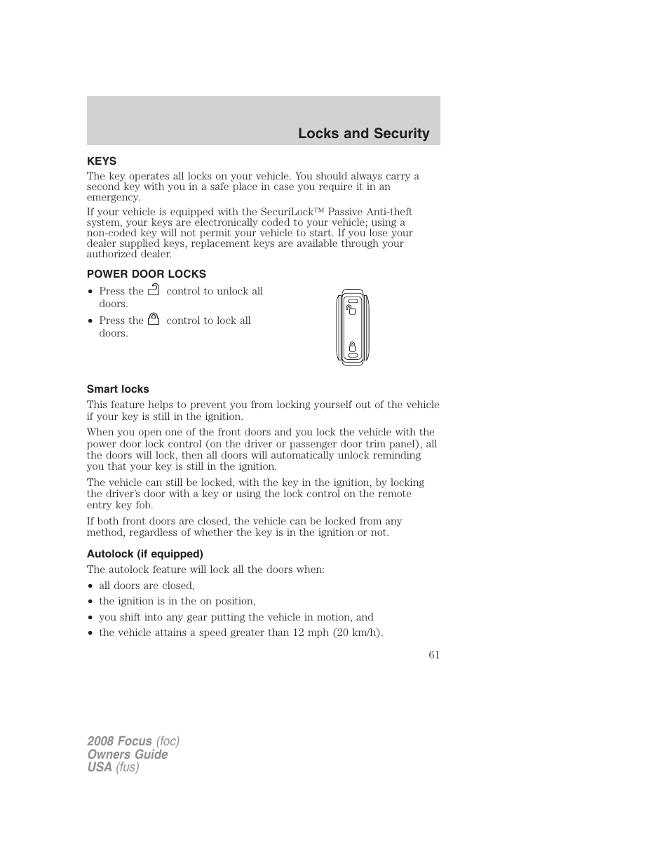 Locks and security, Keys, Power door locks | Smart locks, Autolock (if equipped), Locks | FORD 2008 Focus v.3 User Manual | Page 61 / 258