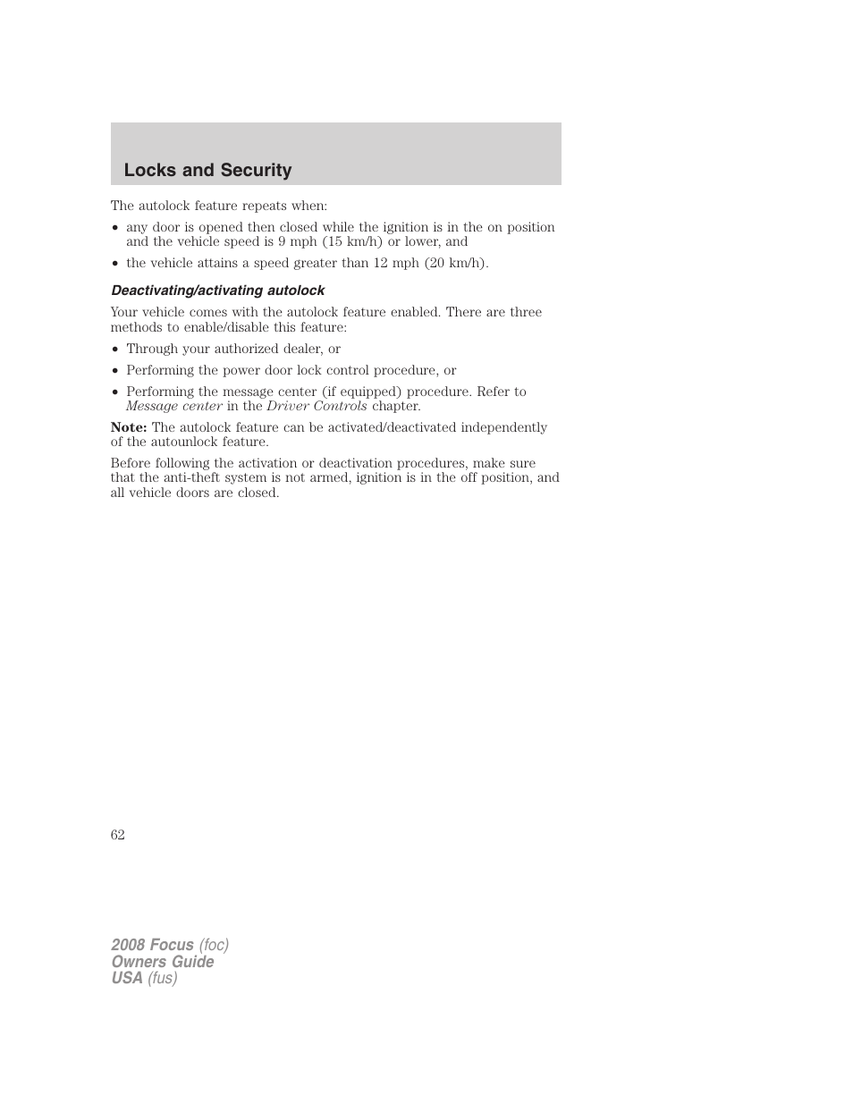 Deactivating/activating autolock, Locks and security | FORD 2008 Focus v.3 User Manual | Page 62 / 258