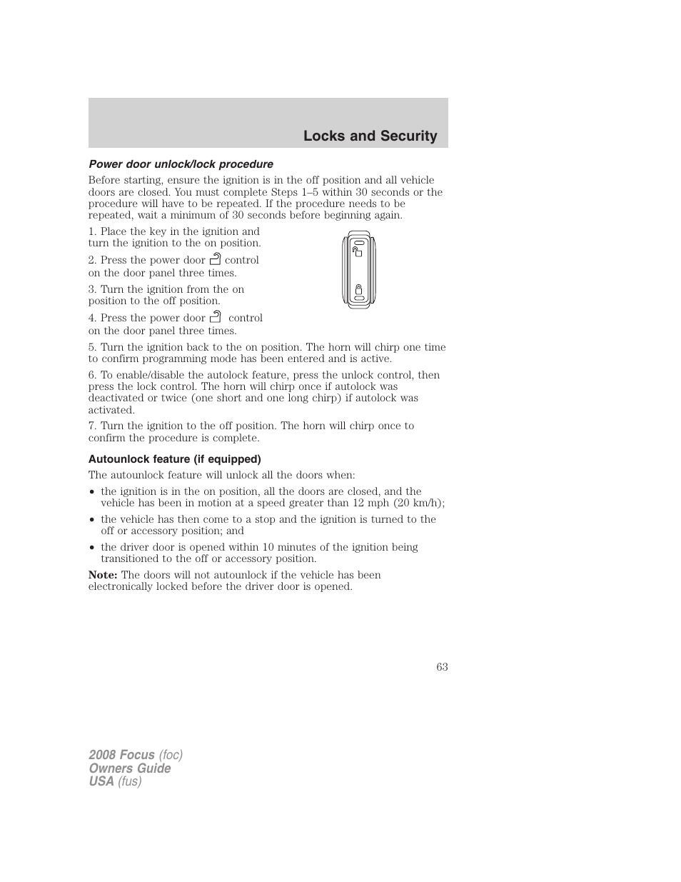 Power door unlock/lock procedure, Autounlock feature (if equipped), Locks and security | FORD 2008 Focus v.3 User Manual | Page 63 / 258