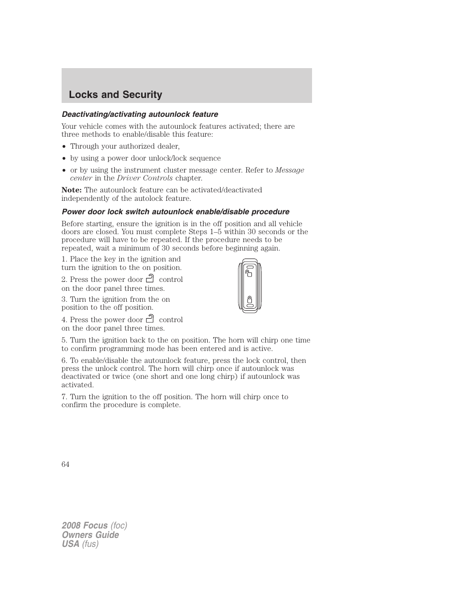 Deactivating/activating autounlock feature, Locks and security | FORD 2008 Focus v.3 User Manual | Page 64 / 258