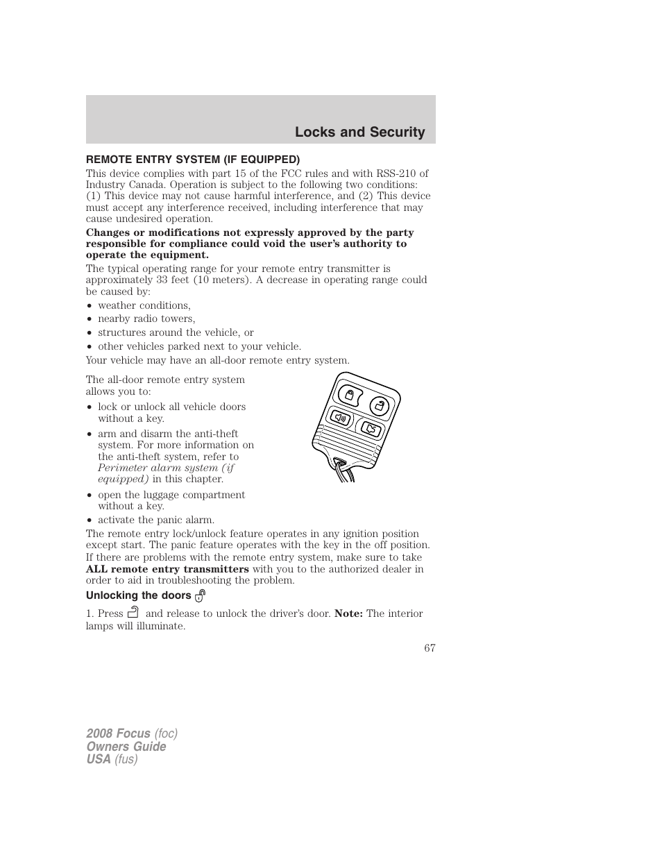 Remote entry system (if equipped), Unlocking the doors, Locks and security | FORD 2008 Focus v.3 User Manual | Page 67 / 258