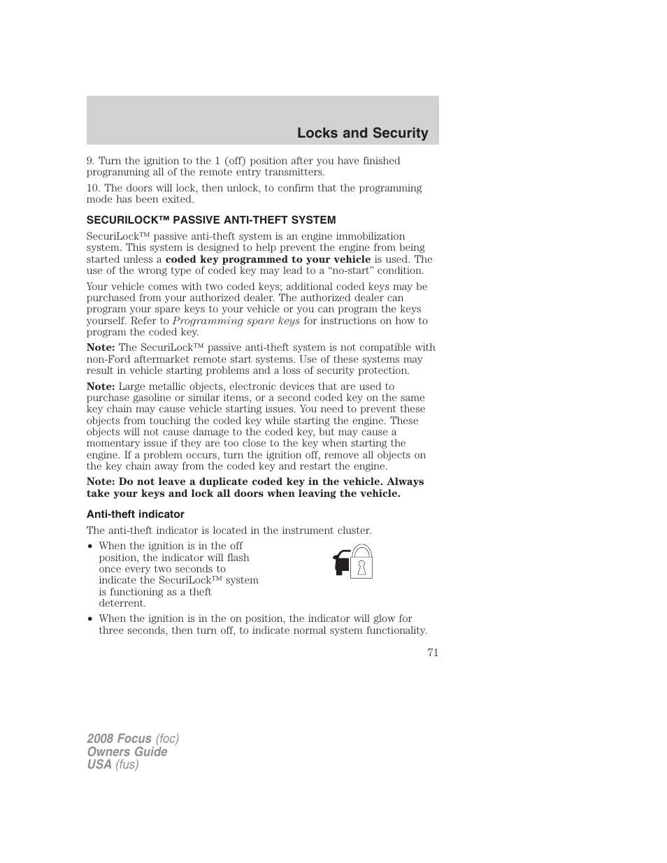 Securilock™ passive anti-theft system, Anti-theft indicator, Anti-theft system | Locks and security | FORD 2008 Focus v.3 User Manual | Page 71 / 258