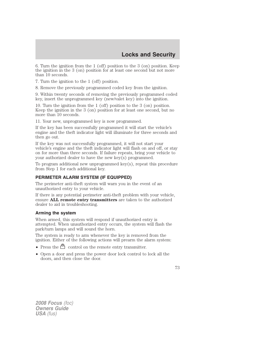 Perimeter alarm system (if equipped), Arming the system, Locks and security | FORD 2008 Focus v.3 User Manual | Page 73 / 258