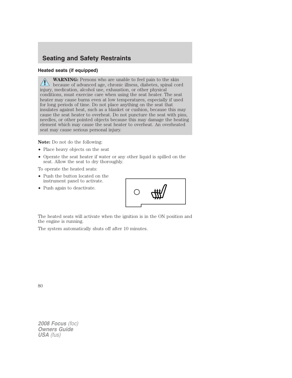 Heated seats (if equipped), Seating and safety restraints | FORD 2008 Focus v.3 User Manual | Page 80 / 258