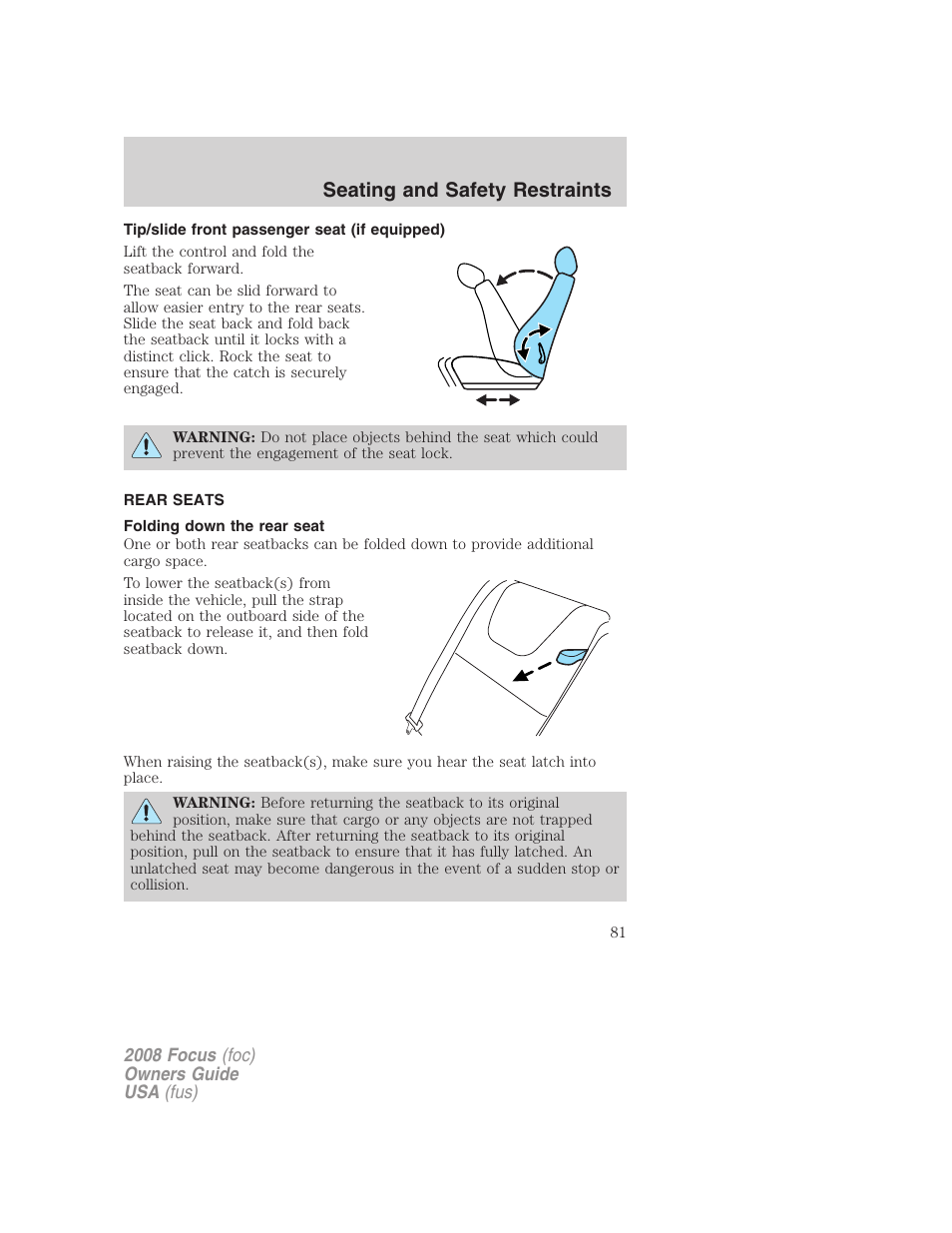 Tip/slide front passenger seat (if equipped), Rear seats, Folding down the rear seat | Seating and safety restraints | FORD 2008 Focus v.3 User Manual | Page 81 / 258