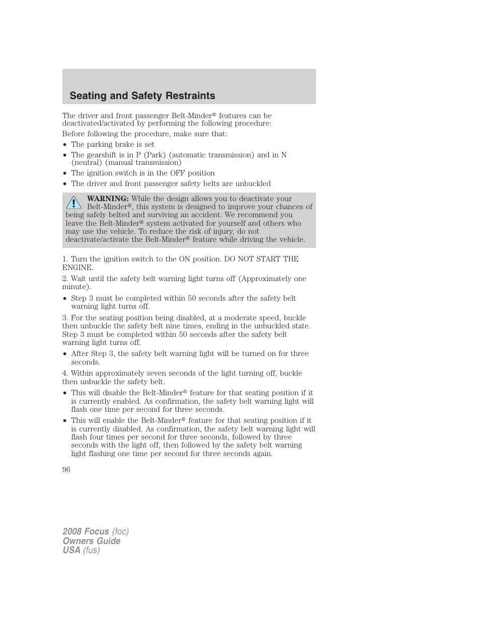 Seating and safety restraints | FORD 2008 Focus v.3 User Manual | Page 96 / 258