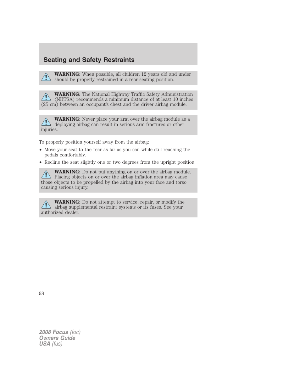 Seating and safety restraints | FORD 2008 Focus v.3 User Manual | Page 98 / 258