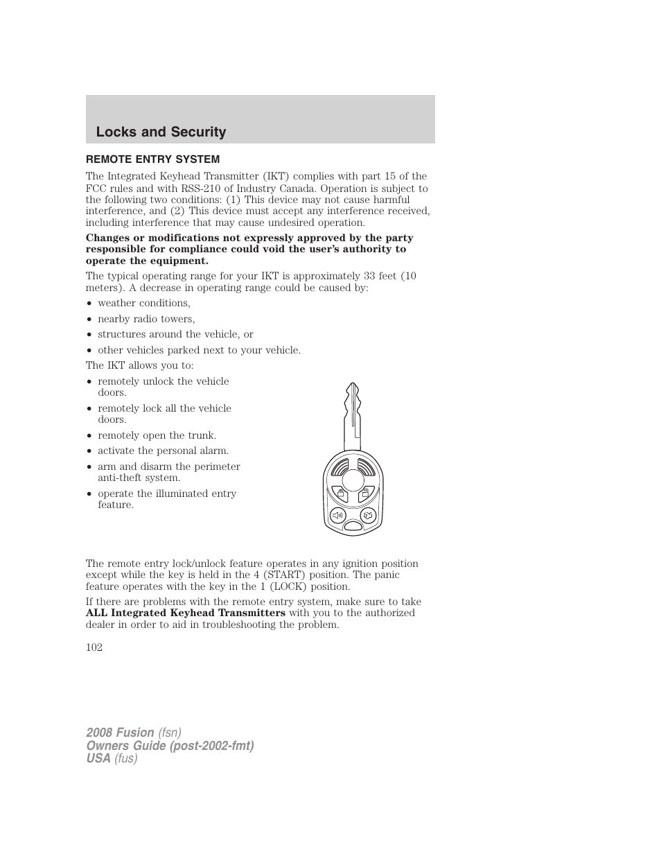 Remote entry system, Locks and security | FORD 2008 Fusion User Manual | Page 102 / 304
