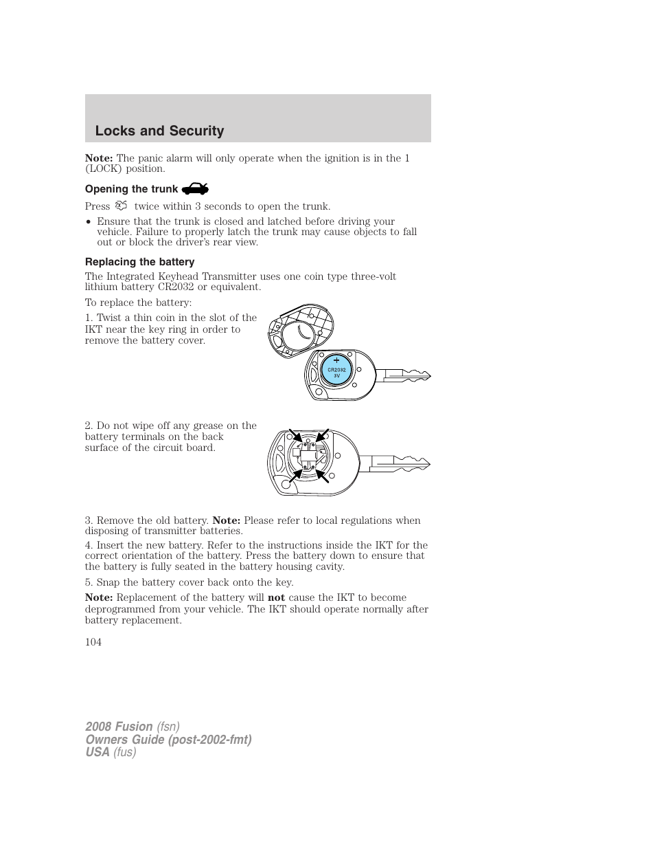 Opening the trunk, Replacing the battery, Locks and security | FORD 2008 Fusion User Manual | Page 104 / 304