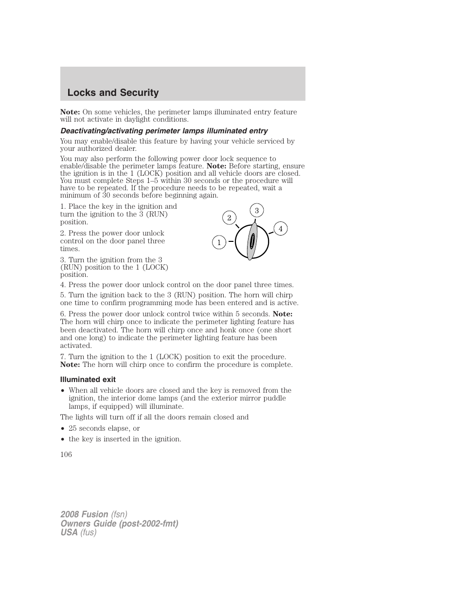 Illuminated exit, Locks and security | FORD 2008 Fusion User Manual | Page 106 / 304