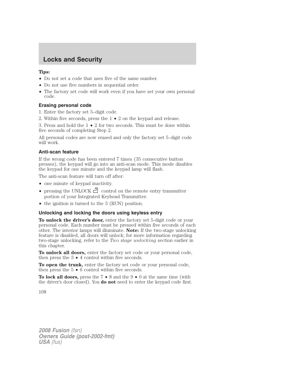 Erasing personal code, Anti-scan feature, Locks and security | FORD 2008 Fusion User Manual | Page 108 / 304