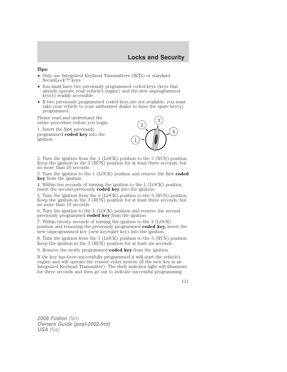 Locks and security | FORD 2008 Fusion User Manual | Page 111 / 304