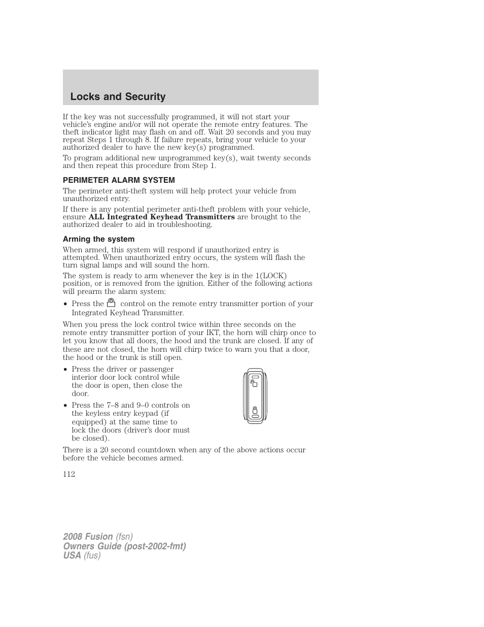 Perimeter alarm system, Arming the system, Locks and security | FORD 2008 Fusion User Manual | Page 112 / 304