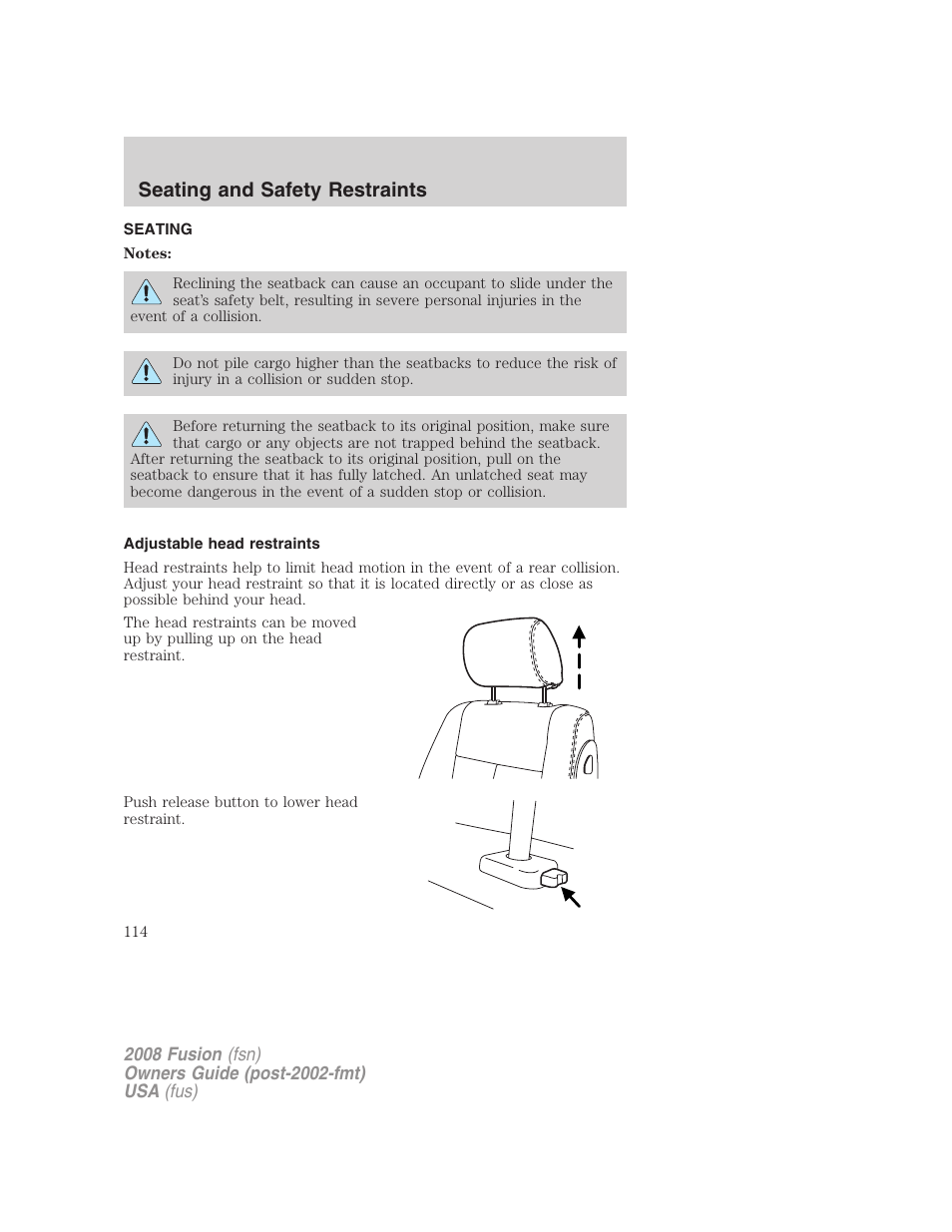 Seating and safety restraints, Seating, Adjustable head restraints | FORD 2008 Fusion User Manual | Page 114 / 304