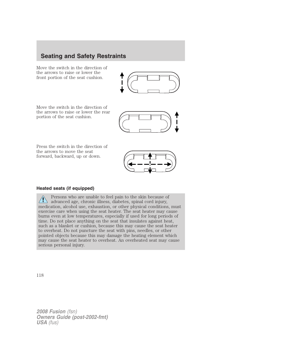 Heated seats (if equipped), Seating and safety restraints | FORD 2008 Fusion User Manual | Page 118 / 304