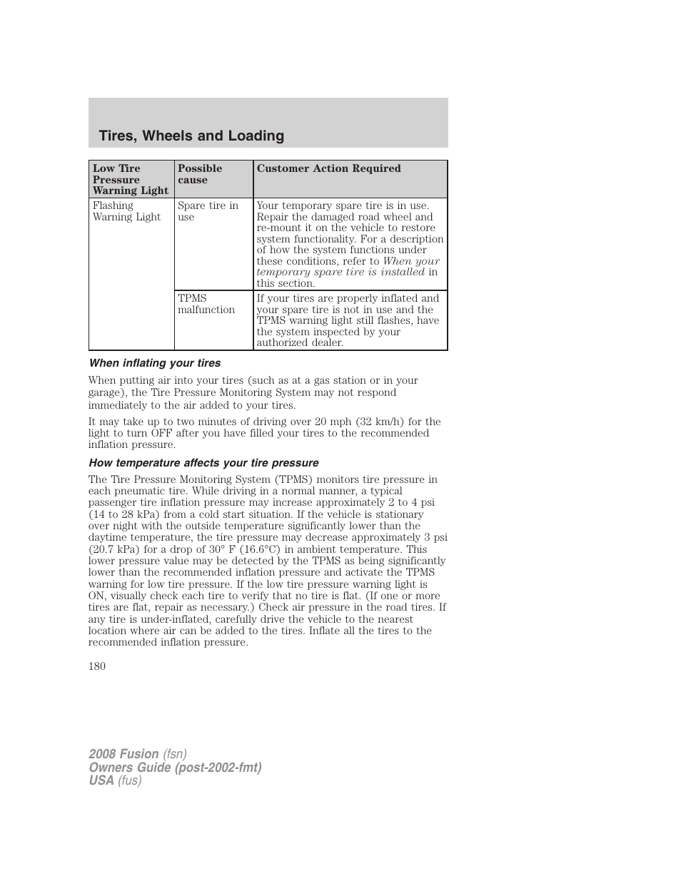 When inflating your tires, How temperature affects your tire pressure, Tires, wheels and loading | FORD 2008 Fusion User Manual | Page 180 / 304