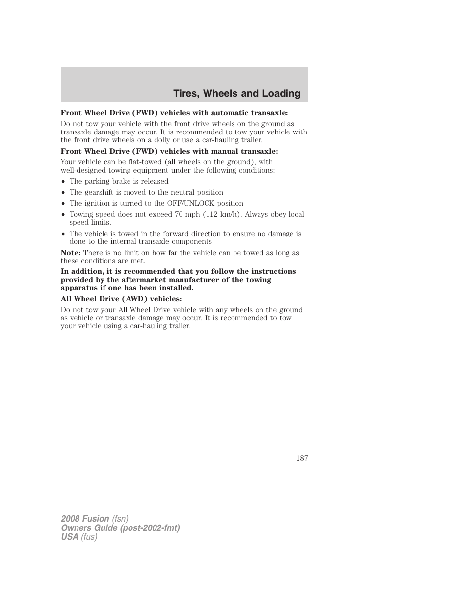 Tires, wheels and loading | FORD 2008 Fusion User Manual | Page 187 / 304