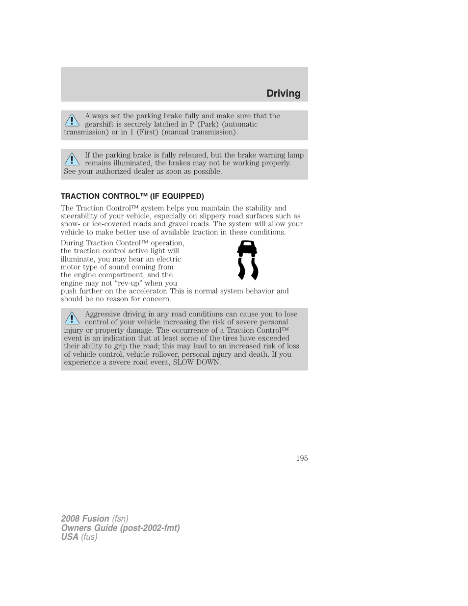 Traction control™ (if equipped), Traction control, Driving | FORD 2008 Fusion User Manual | Page 195 / 304