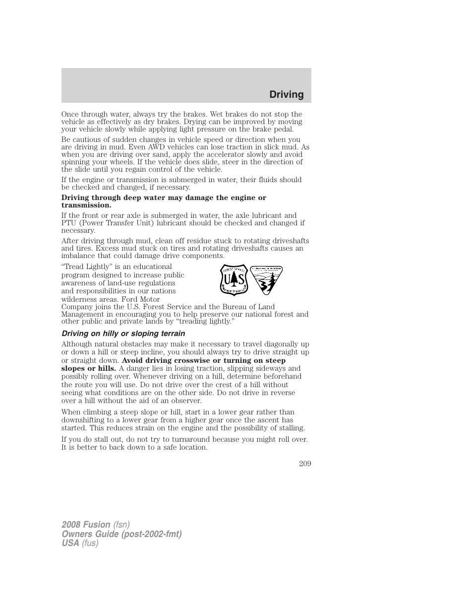 Driving on hilly or sloping terrain, Driving | FORD 2008 Fusion User Manual | Page 209 / 304
